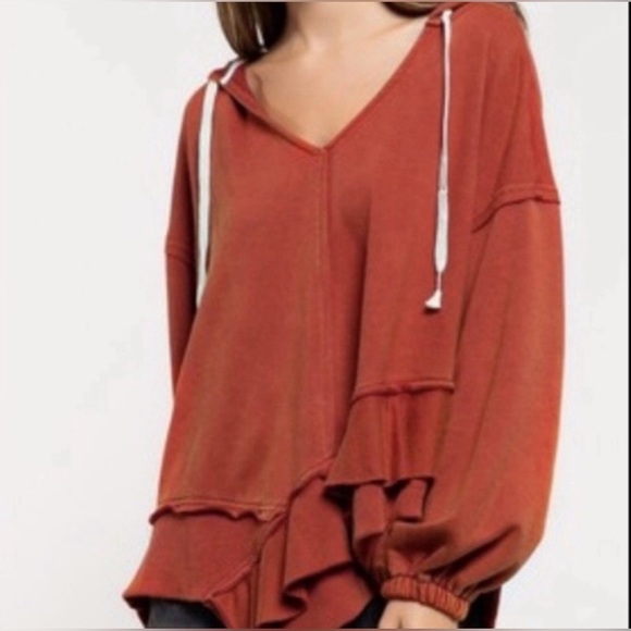 POL Burnt Orange oversized asymmetrical ruffled hem hoodie size: S - Picture 1 of 15
